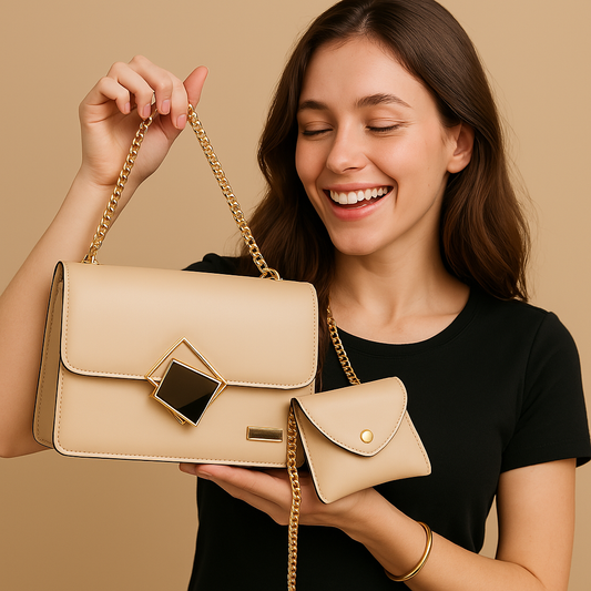 2 Pcs PU leather Handbag With Long Golden Chain For Girls